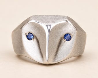 Sterling Silver Barn Owl Ring with Sapphire Eyes, Handmade Owl Jewelry, Blue Eyed Owl, Geometric Animal Ring, Wisdom Gift for Her