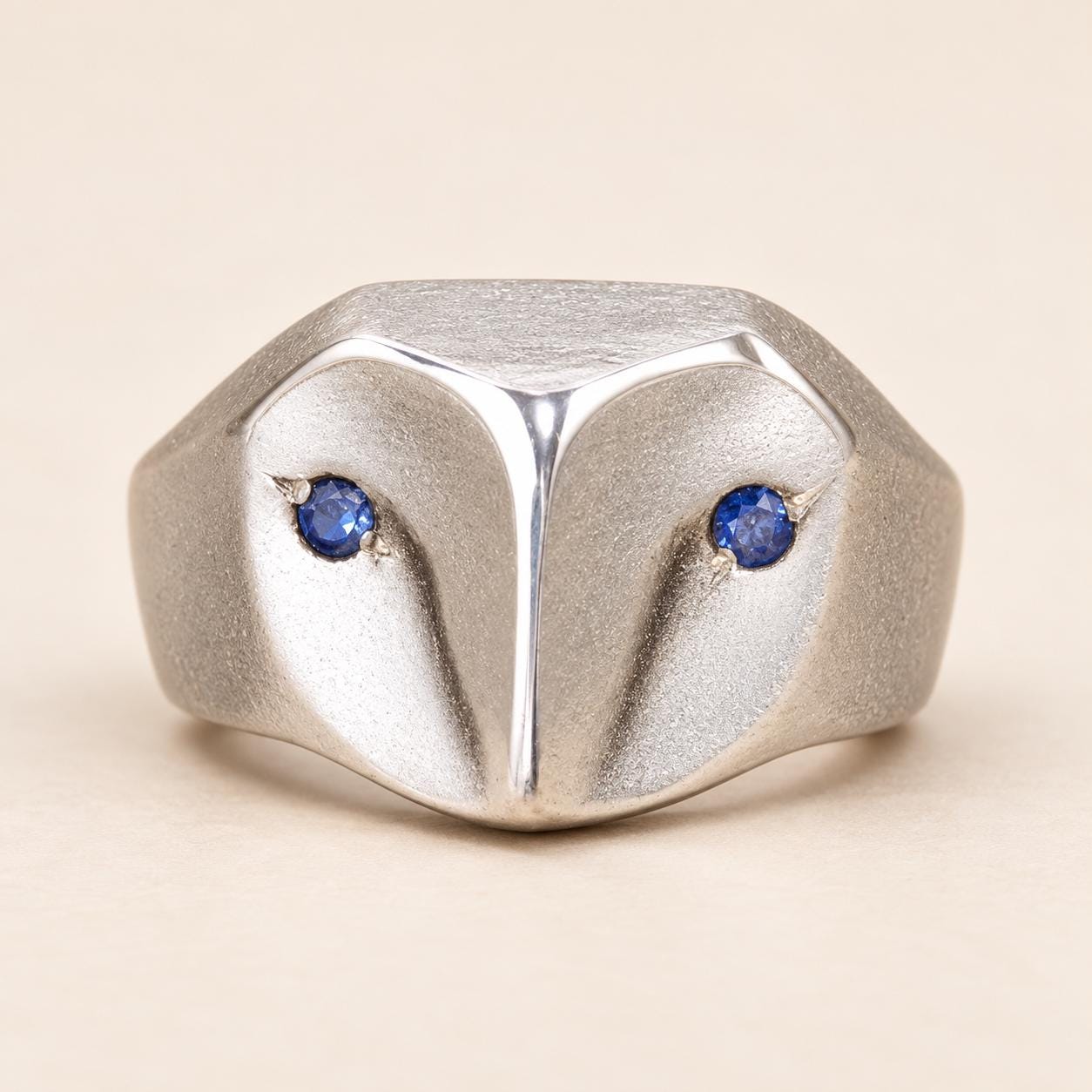 Sterling Silver Barn Owl Ring with Sapphire Eyes, Handmade Owl Jewelry, Blue Eyed Owl, Geometric Ani