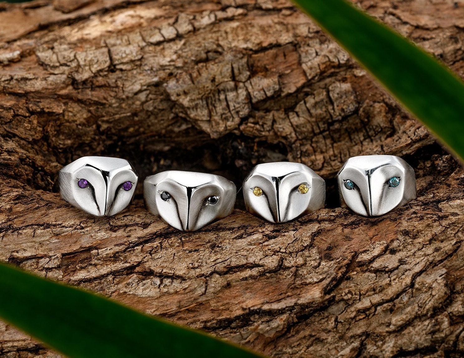 Silver Owl Ring with Blue Sapphire Eyes - Animal Jewelry