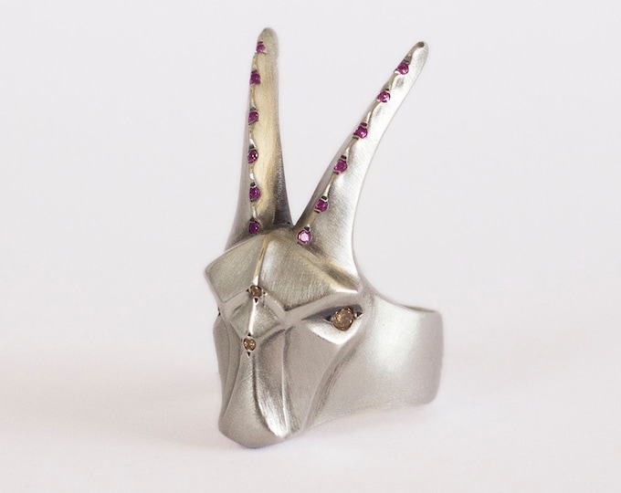 Sterling Silver Capricorn Ring, Champagne Diamonds, Pink Sapphires