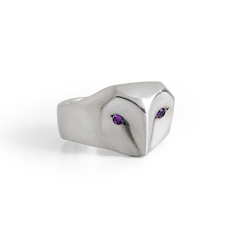 Sterling Silver Barn Owl Ring with Amethyst Eyes