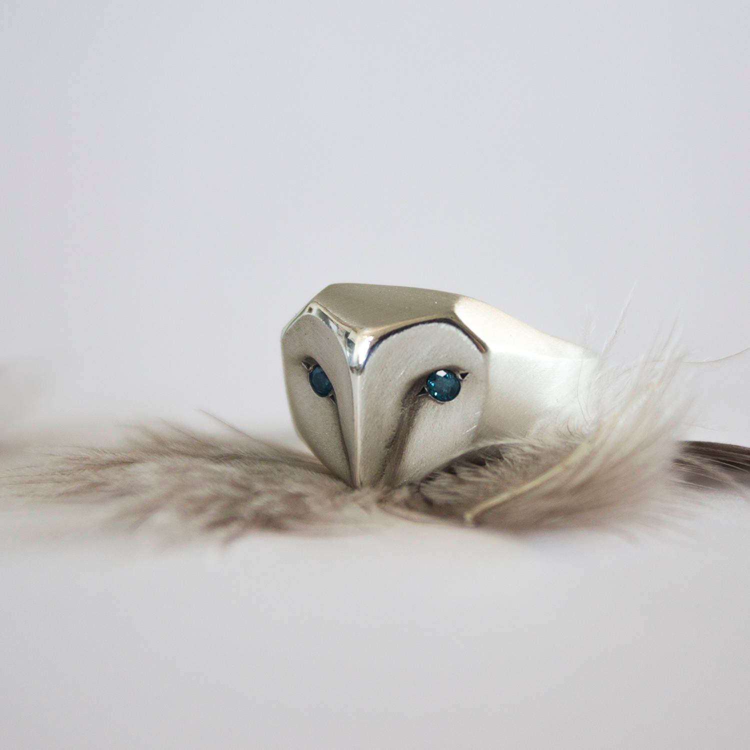 Sterling Silver Owl Ring with Blue Diamond Eyes