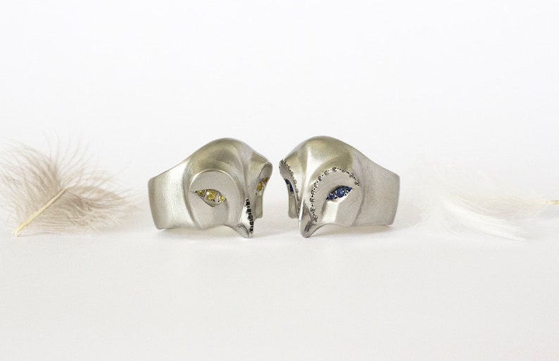 Snowy owl ring with blue Sapphire eyes and white diamonds image 3