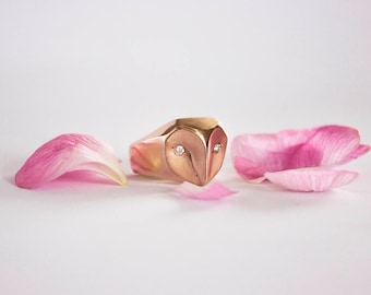 14K Rose Gold Barn Owl Ring with Diamonds