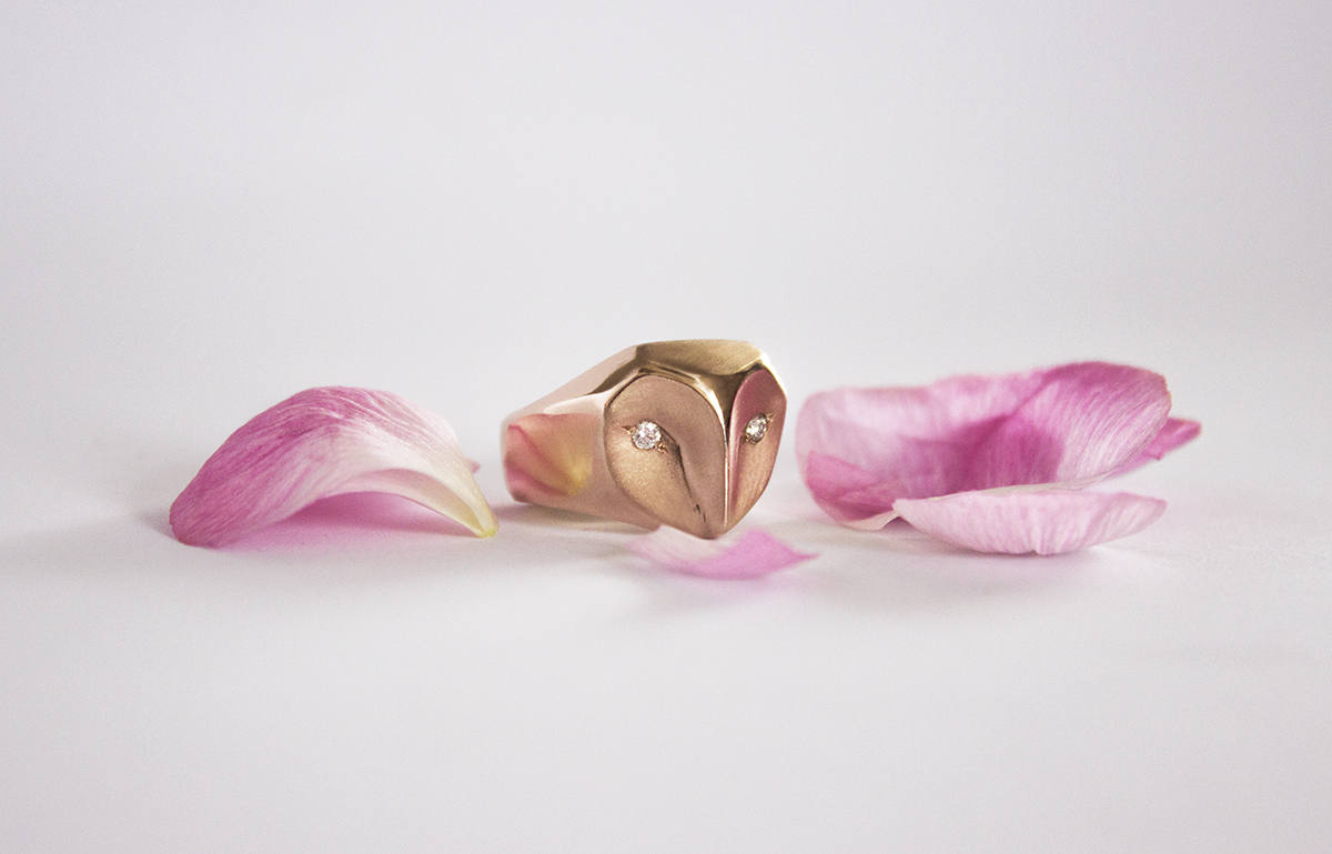 Rose Gold barn owl ring with diamonds, rose gold owl, gold barn owl ring, solid gold owl, owl engage