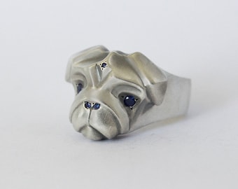 Pug Ring with Blue Sapphires Setting, Pug lover Ring, Silver Pug Ring, silver dog ring, Christmas gift