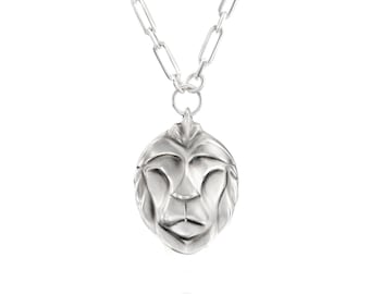 Collar con cabeza de león de plata, cadena rectangular grande, colgante de león de plata de ley, regalo del signo zodiacal Leo, joyería llamativa con motivos de animales.