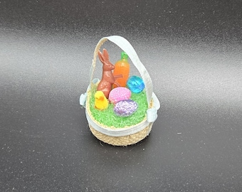 1:12 scale Easter basket with chocolate bunny and colored eggs