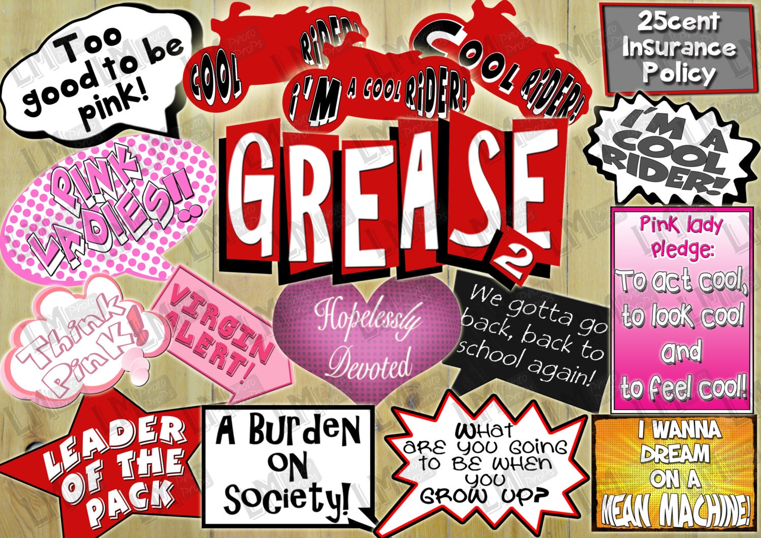 Fifties Theme Party Photobooth Props INSTANT DOWNLOAD diy PRINTABLE Retro Prop Files Retro 50s 60s Perfect for Grease 2 Theme