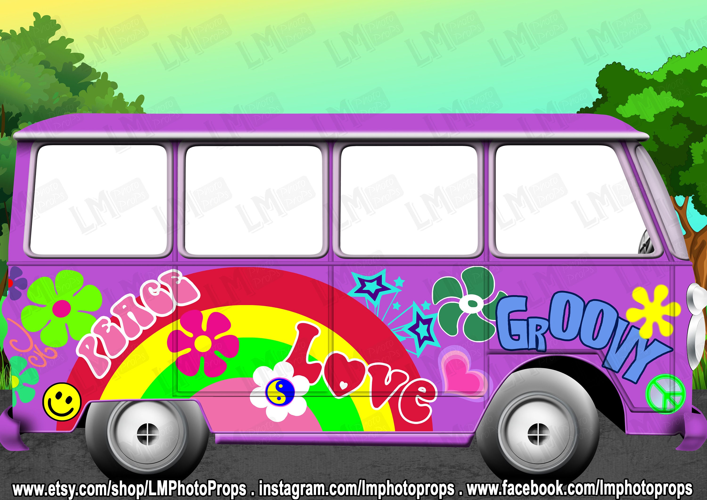 Vintage Retro Flower Power Colorful Printed Hippie Mini Bus Van