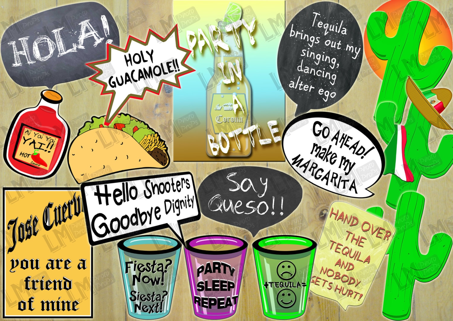 Mexican Fiesta Theme Photo Booth Props 15 Items Inc Hola Party in a Bottle Holy Guacamole Say Queso DIY Instant Download
