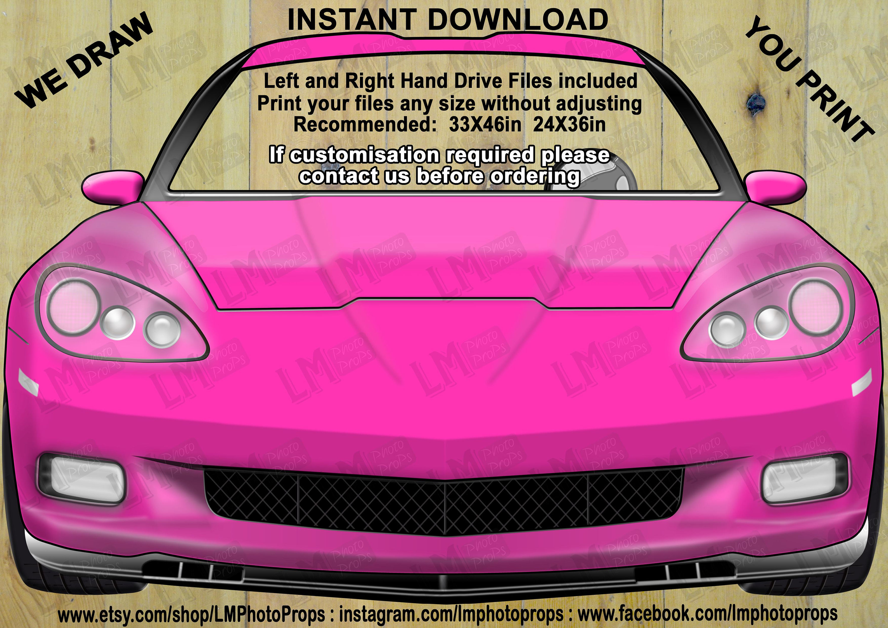 Pink Corvette Style Car File PRINTABLE Car PhotoProp File INSTANT DOWNLOAD Barbie Pink Theme Party Photobooth Prop Classic