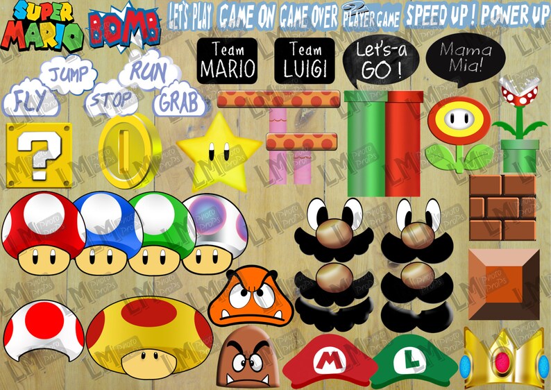 Super Mario Style, Vintage Arcade Game Photobooth Props Files, Super Mario Theme, INSTANT DOWNLOAD, DIY, Printable Props, Party photo Prop image 1