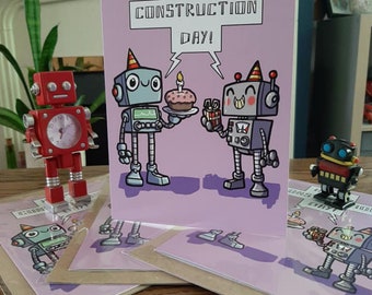 Robot Construction Day Birthday Greetings Card