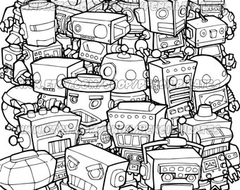 Retro Robot Colouring Page, Adult colouring book page - one page instant PDF