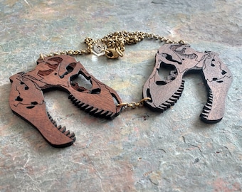 T-Rex Dinosaur skull necklace - Laser cut wooden statement necklace