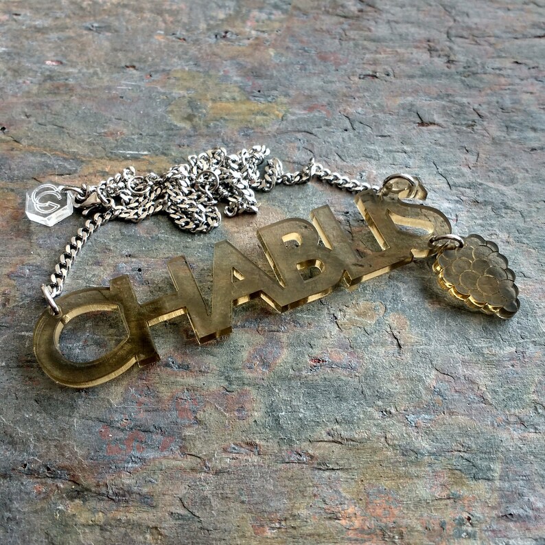 Chablis wine & grape necklace Laser cur acrylic word necklace. image 2