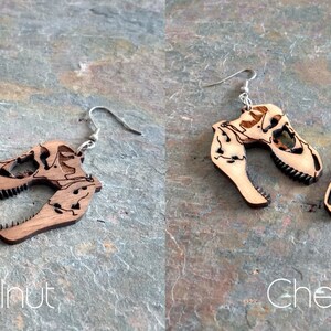 Dinosaur skull T-rex earrings, laser cut wood image 3