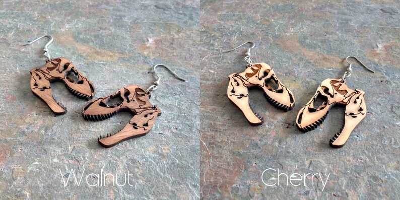 Dinosaur skull T-rex earrings, laser cut wood image 3