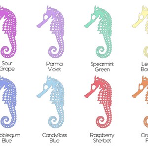 May include: Eight colorful seahorse illustrations with different flavor names underneath each one. The seahorses are all the same shape and size, but in different colors: purple, pink, light blue, blue, light green, yellow, orange, and red.