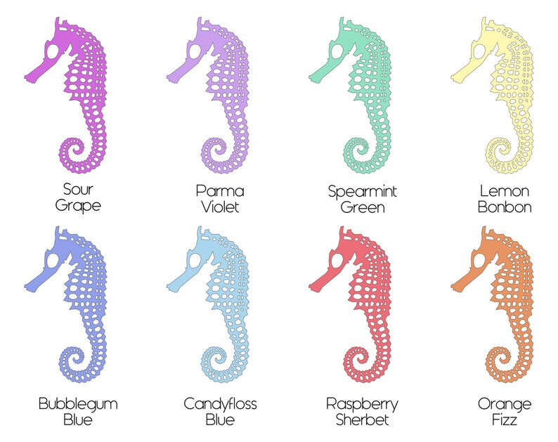May include: Eight colorful seahorse illustrations with different flavor names underneath each one. The seahorses are all the same shape and size, but in different colors: purple, pink, light blue, blue, light green, yellow, orange, and red.