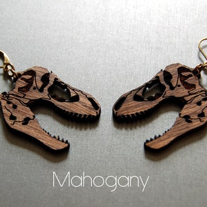 Dinosaur skull T-rex earrings, laser cut wood image 4