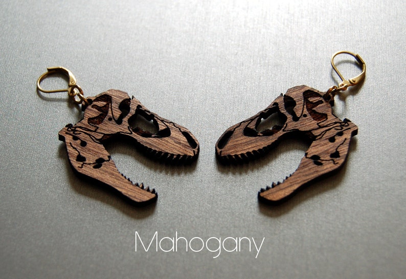 Dinosaur skull T-rex earrings, laser cut wood image 4