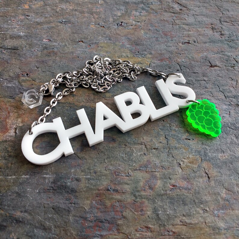 Chablis wine & grape necklace Laser cur acrylic word necklace. image 3