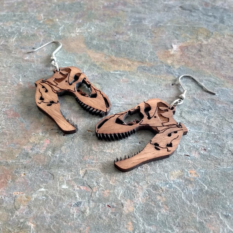 Dinosaur skull T-rex earrings, laser cut wood image 2