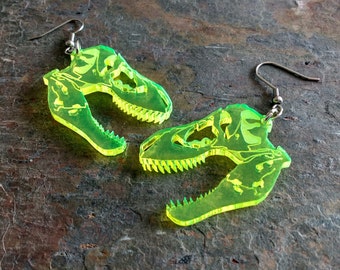 T-rex skull dinosaur earrings, laser cut acrylic (Pierced or Clip-on)
