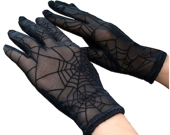 Gloves COBWEB Spider Web Black Gothic Victorian Wedding Fancy Dress Dinner Cocktail Tea Dance Halloween Short