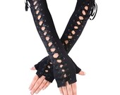 Long FINGERLESS Gauntlets Gloves GOTHIC Black Satin Corset Lace Brace Halloween Victorian Fancy Dress Dinner Cocktail