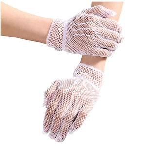 Gants résille noir rouge blanc épais Crochet gothique victorien mariage déguisement dîner Cocktail thé danse Halloween court Blanc