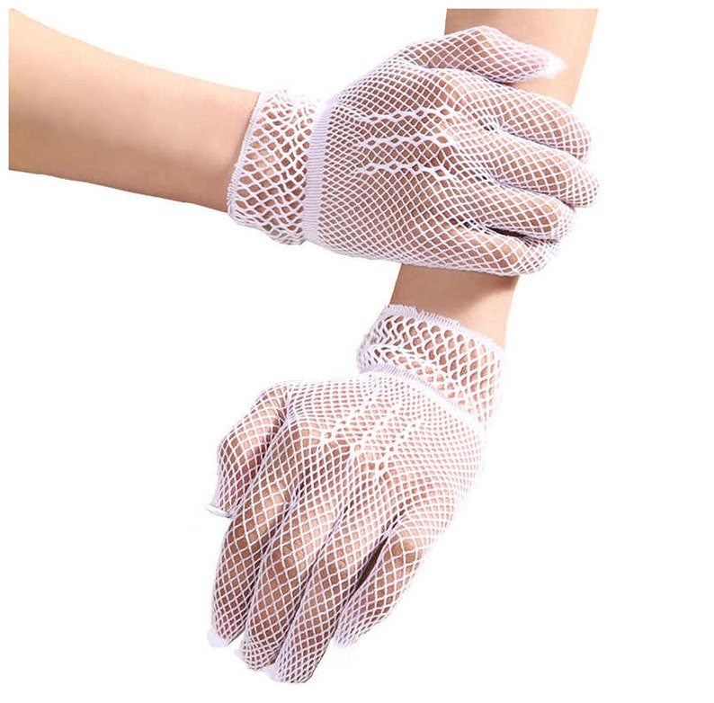 Gants résille noir rouge blanc épais Crochet gothique victorien mariage déguisement dîner Cocktail thé danse Halloween court Blanc