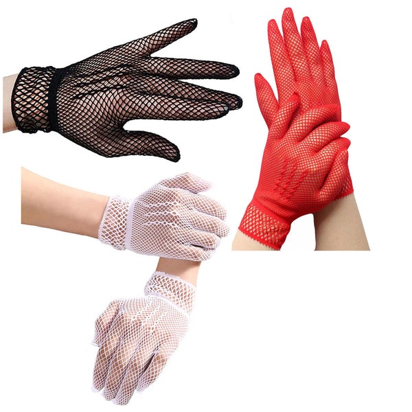 FISHNET Gloves Black Red White Thick Crochet Gothic Victorian Wedding Fancy Dress Dinner Cocktail Tea Dance Halloween Short