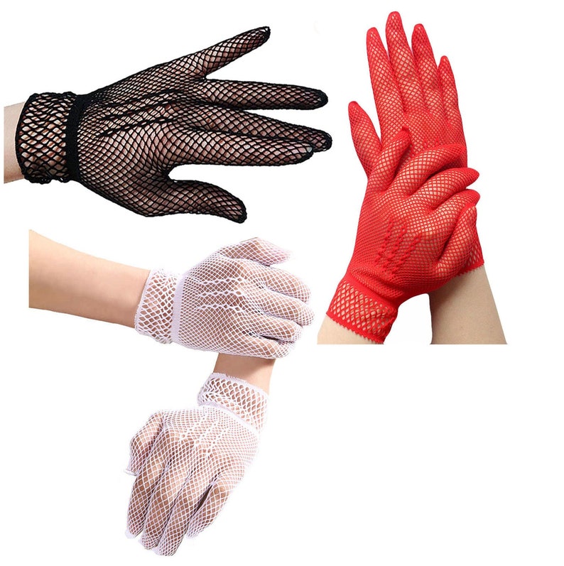 Gants résille noir rouge blanc épais Crochet gothique victorien mariage déguisement dîner Cocktail thé danse Halloween court image 1