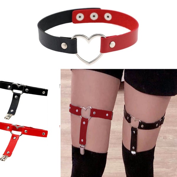 2 Tone Collar + GARTERS Pu Leather Black Red Hearts Fancy Dress Costume