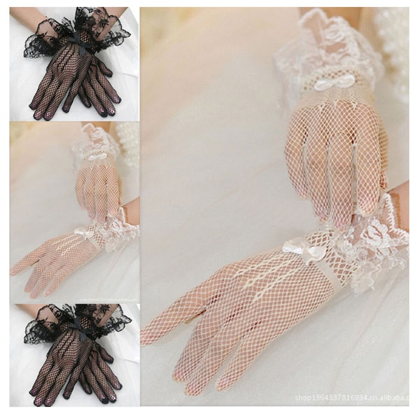 FISHNET Gloves Frilled Black or White Lace Crochet Gothic Gloves Victorian Wedding Bridal Cocktail Tea Dance Halloween