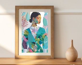 Puede incluir: Una ilustración enmarcada de una mujer con un patrón floral colorido en la cara y el cuerpo. El fondo es una mezcla de verde, azul y rosa.