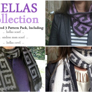 May include: A discounted pattern pack for crocheting three different scarves: a purple and gray scarf, a gray and white scarf, and a gray and black scarf. The pattern pack includes instructions for the "hellas scarf", "andras man scarf", and "hellas cowl".
