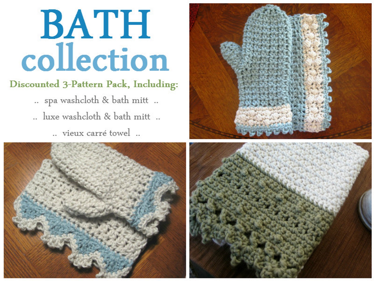 3pack Crochet Bath Patterns Washcloths, Bath Mitts, and Towels