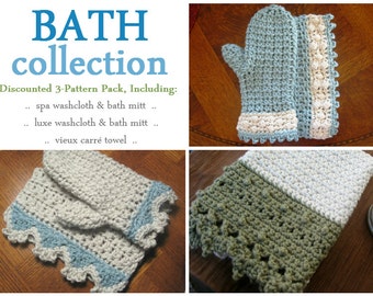 3-pack: crochet bath patterns - washcloths, bath mitts, and towels // Crochet pattern collection // Beginner crochet patterns with tutorials