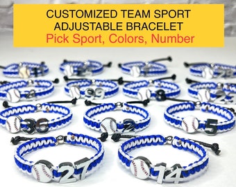 Customized team sports bracelet, adjustable, baseball bracelet, soccer, Softball, volleyball, basketball, pick sport, number & colors