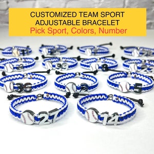 Customized team sports bracelet wristband with number, adjustable knotted cord, personalized baseball sports team bracelet