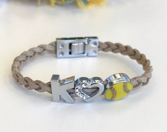 Customized Girl's Softball Bracelet with Initial, pick colors, softball team bracelet, softball gift, other sports charms available