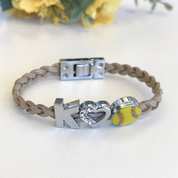 Customized Girl's Softball Bracelet with Initial, pick colors, softball team bracelet, softball gift, other sports charms available
