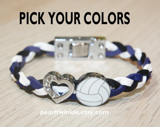 Customized Volleyball Leather Bracelet, with or no heart, volleyball gift jewelry, Volleyball Team Bracelet, Sports bracelet, other sports