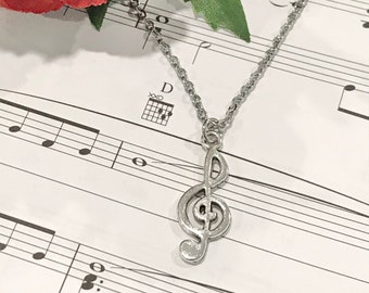 Music Pendant Necklace, Treble G Clef Pendant, Stainless steel chain or blacK cord, Music Gift for Choir Band Singer Musician Music Teacher