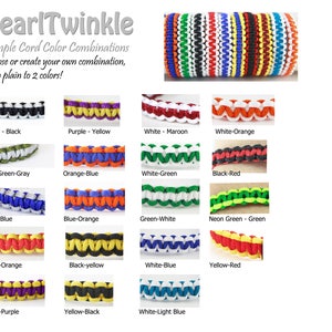 May include: A chart displaying various colour combinations for paracord bracelets. The chart features 15 different colour combinations, including grey and black, purple and yellow, white and maroon, and white and orange. The text "PearlTwinkle" is at the top of the chart. The text "Sample Cord Color Combinations" is below the title. The text "Choose or create your own combination, from plain to 2 colours!" is below the title.