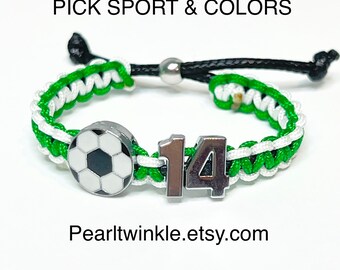 Soccer Sports Team Bracelet, team sport, Adjustable Cord, Pick sport- baseball softball football volleyball basketball, Pick colors, numbers
